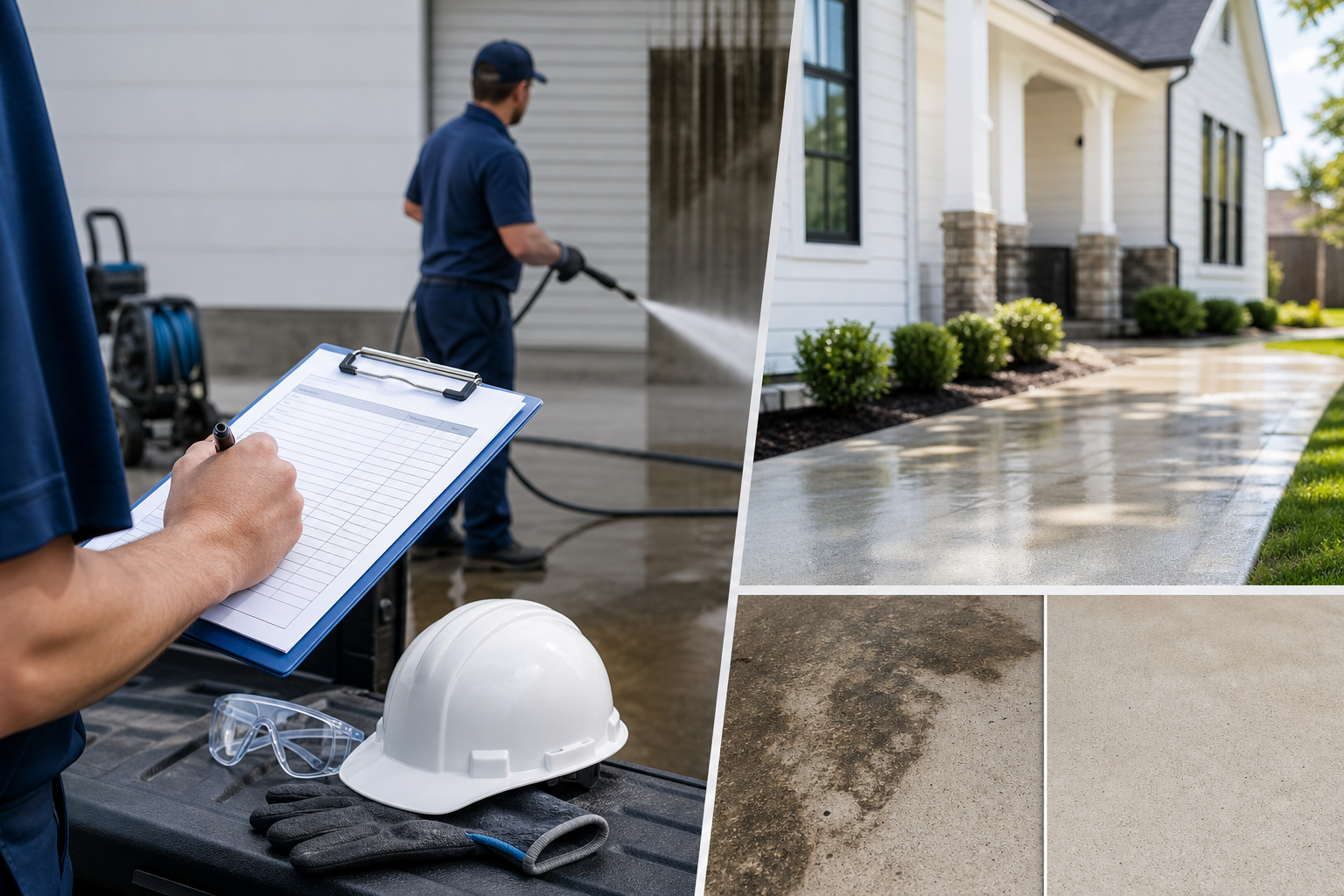 Technician reviewing safety and documentation items before an exterior cleaning job.