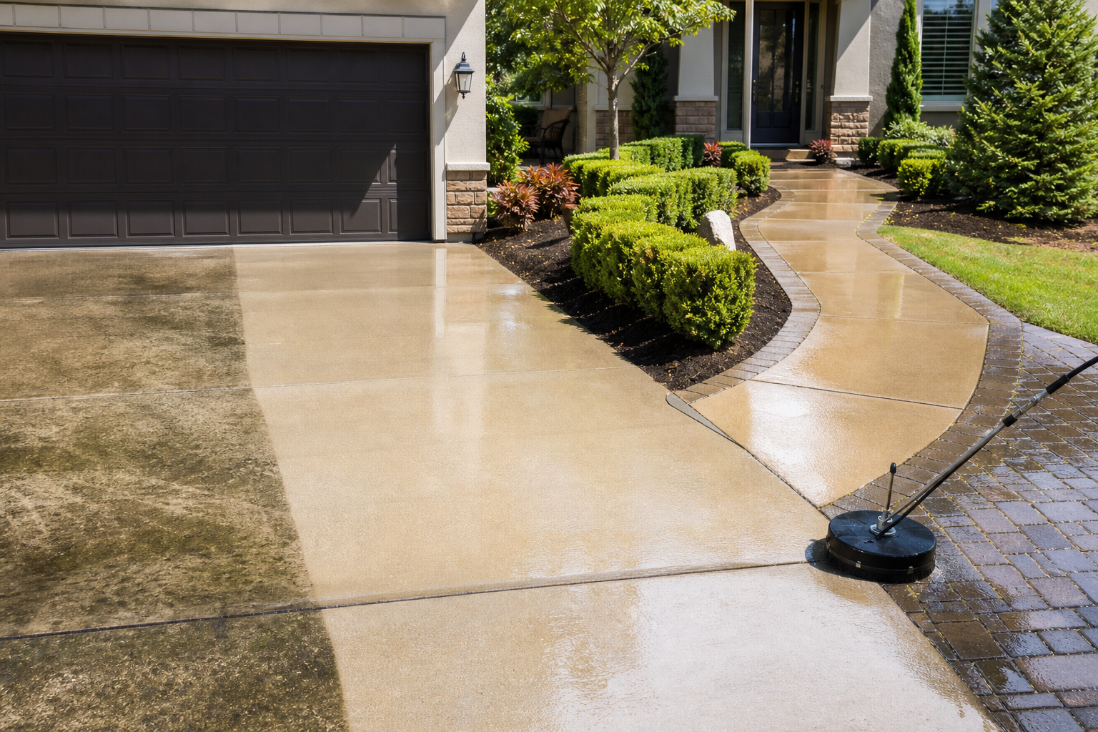 Freshly cleaned driveway and concrete walkway showing professional hard surface cleaning results.