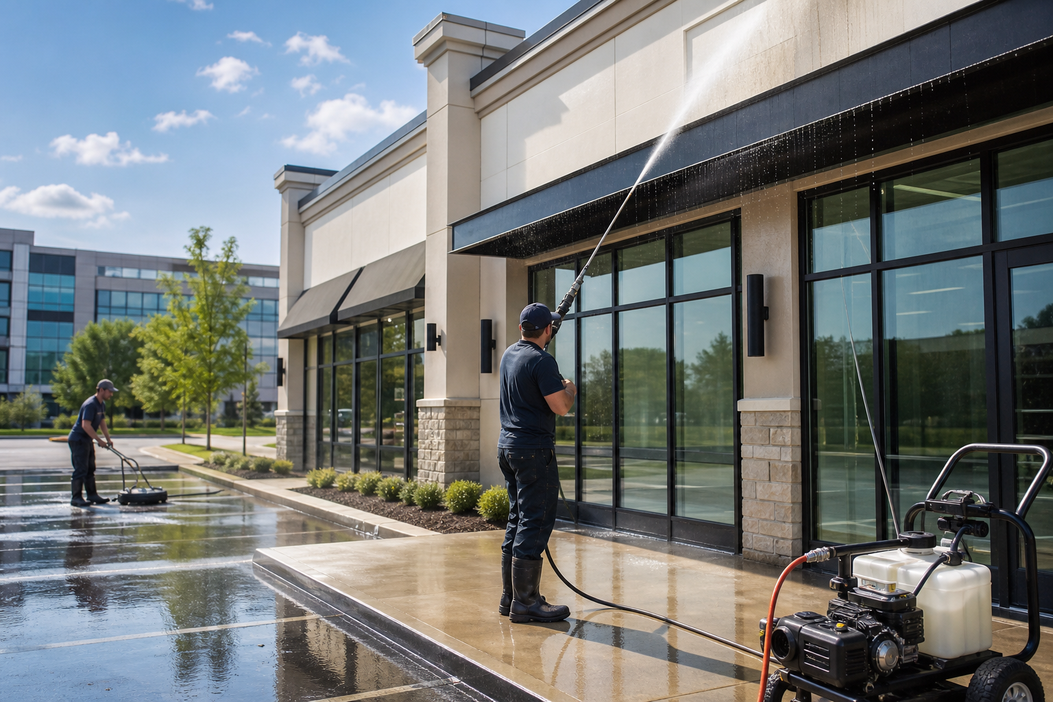 Commercial exterior cleaning for storefronts, buildings, and parking areas