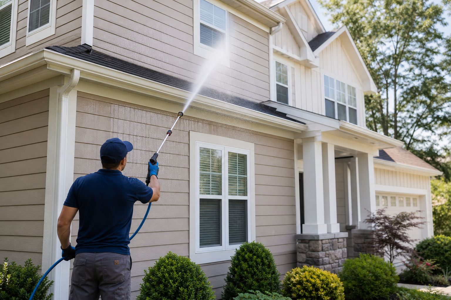 Professional house washing quote scene showing a contractor soft washing a clean suburban home exterior.