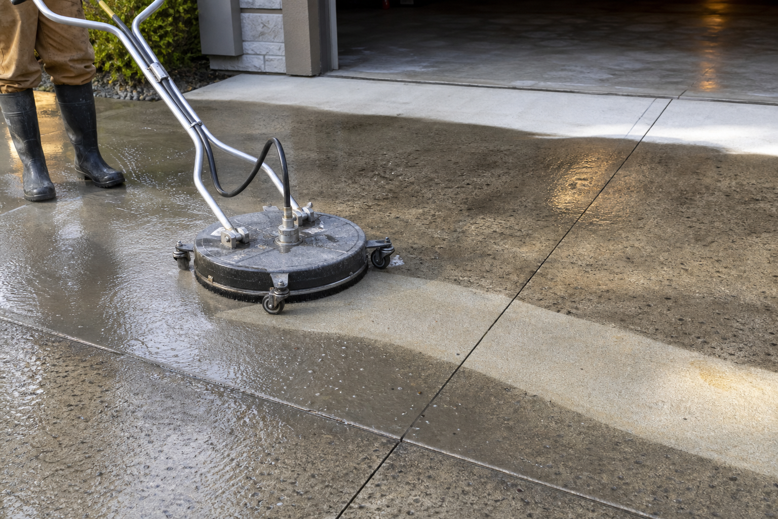 Concrete cleaning equipment washing a sidewalk and entryway surface in Salt Lake City.