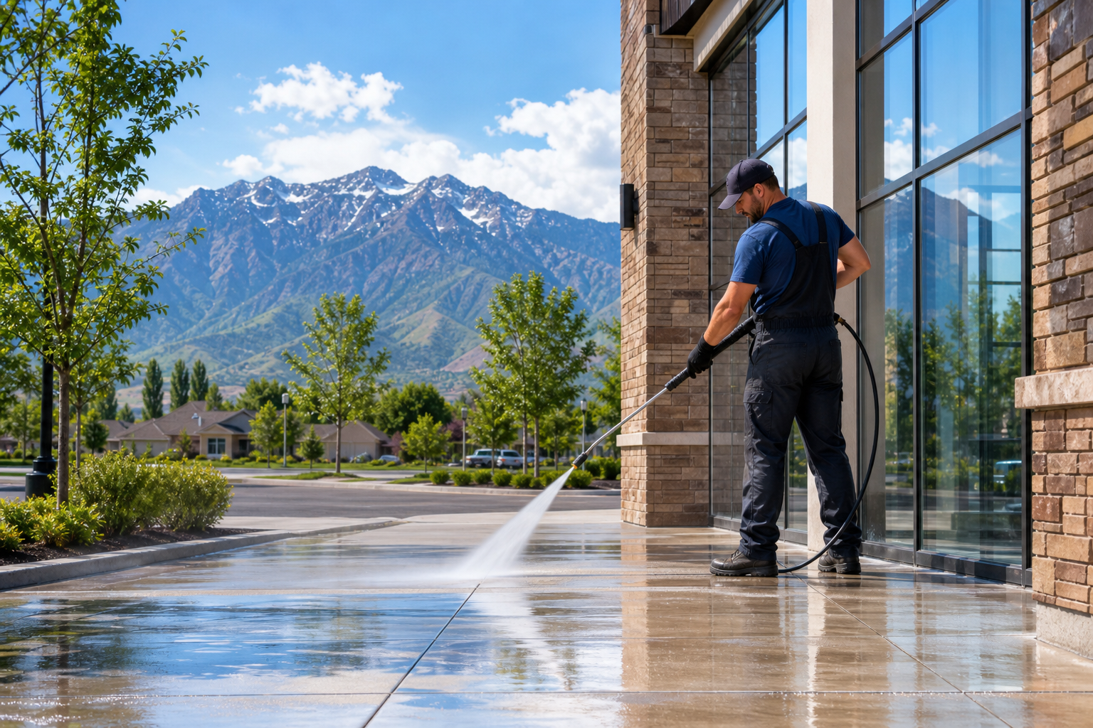 Professional power washing service cleaning a storefront in Salt Lake City, Utah with mountains in the background.