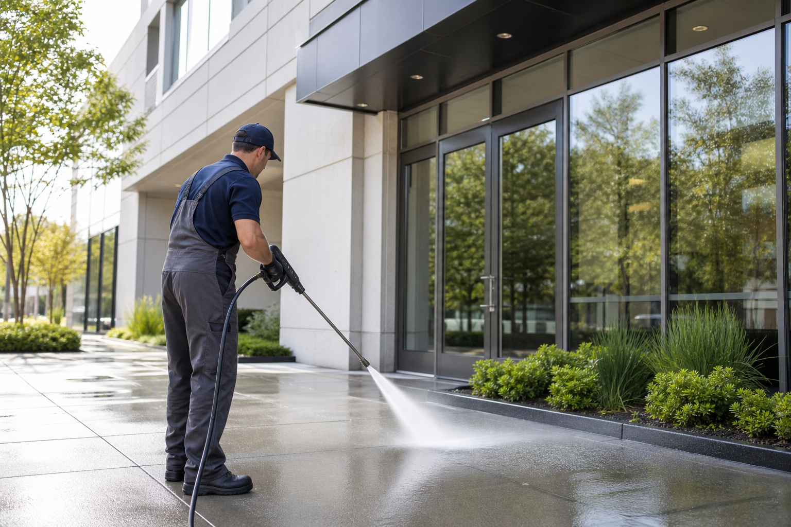 Commercial power washing service cleaning a storefront and building exterior.