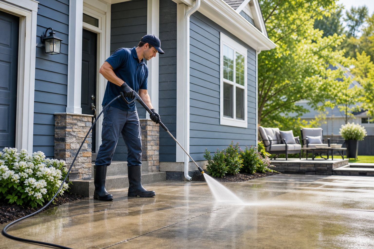 Technician providing residential power washing service on a driveway and house siding.