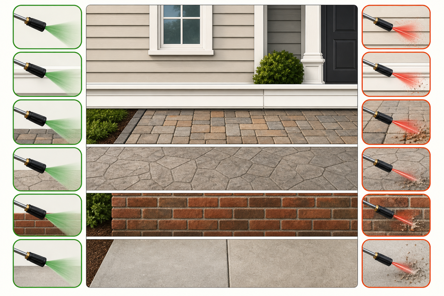 Diagram showing safe exterior cleaning methods for siding, pavers, stamped concrete, brick, and concrete.