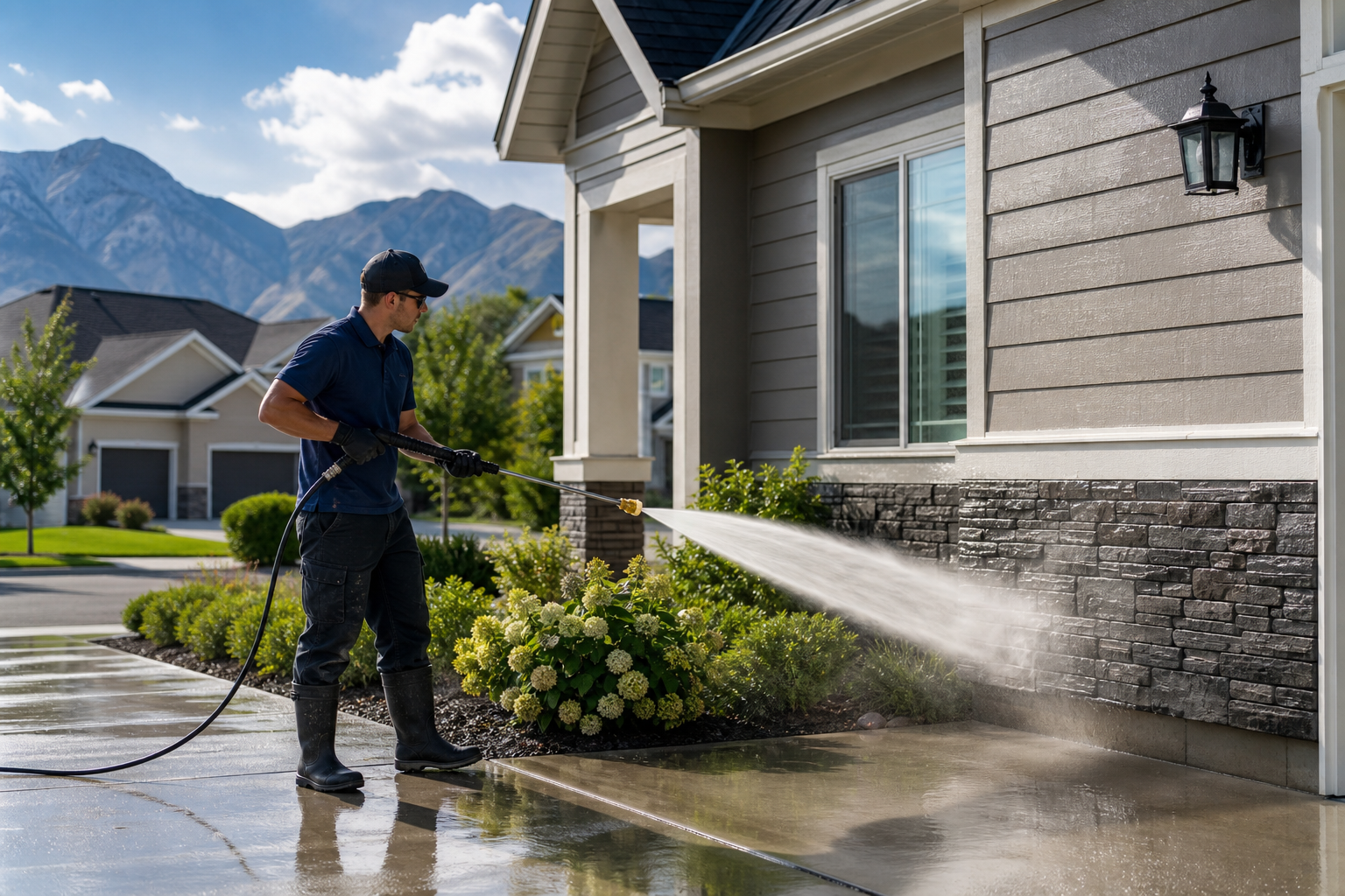 Residential pressure washing technician cleaning a home exterior and driveway.