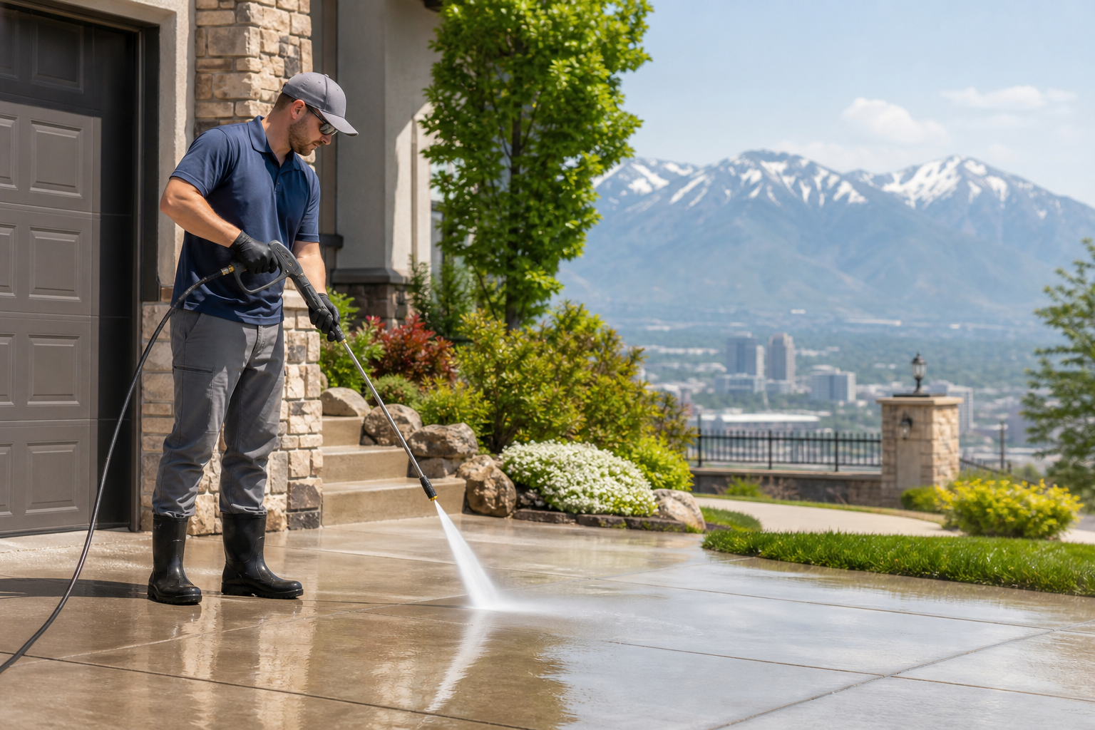 Salt Lake City pressure washing company cleaning a driveway and sidewalk beside a home.