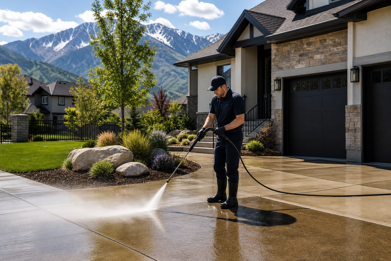 Pressure washing a Cottonwood Heights UT home exterior and driveway on a bright day.