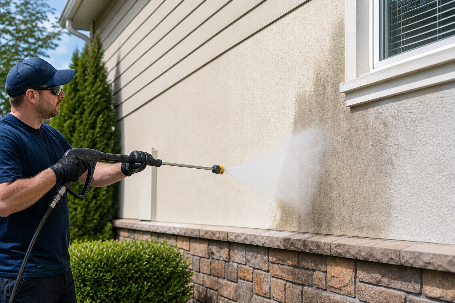 Soft washing siding and stucco on a Cottonwood Heights UT home.