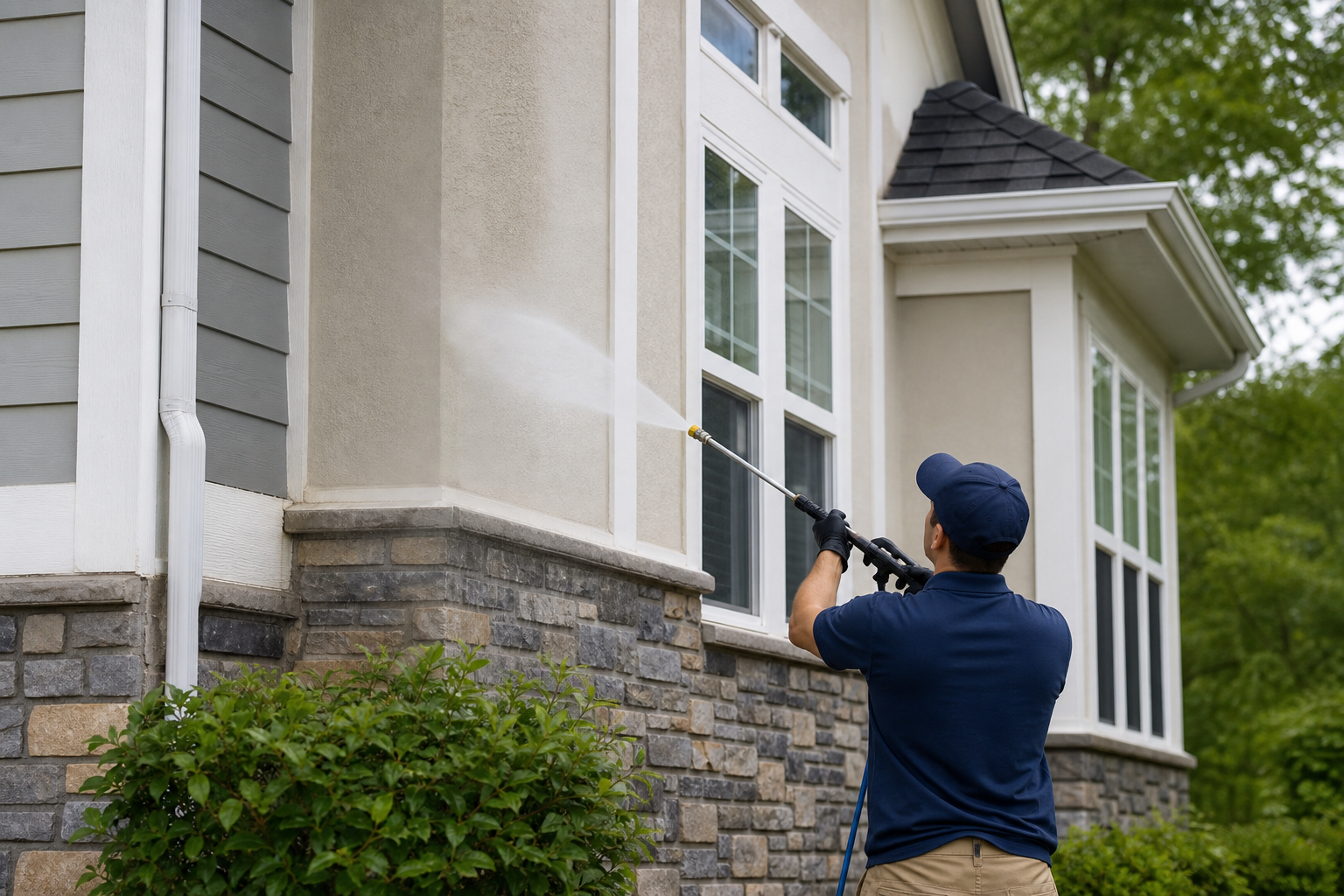 Technician soft washing a home exterior with siding and stucco in Emigration Canyon UT