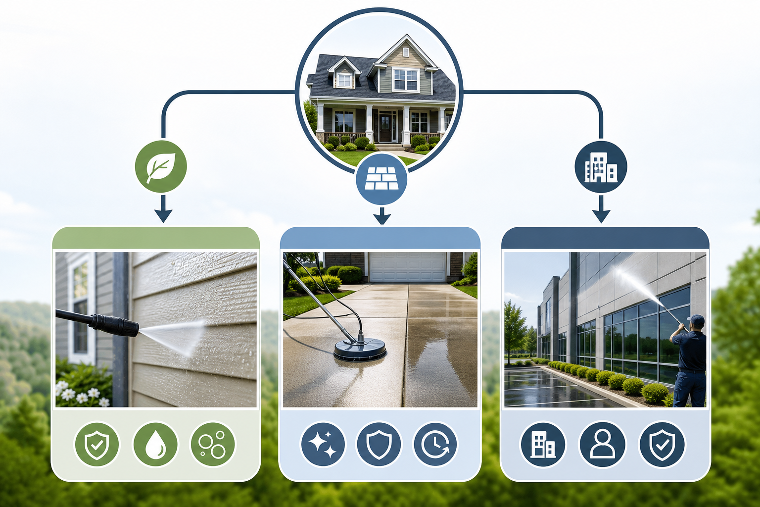 Decision guide for choosing house washing, driveway cleaning, or commercial exterior cleaning