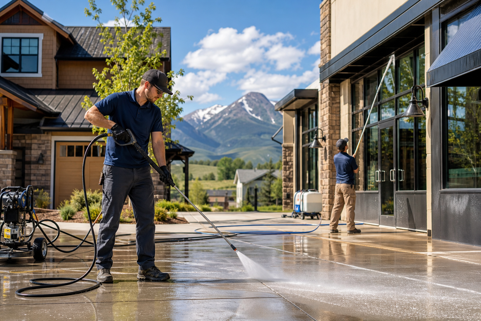 Professional pressure washing crew cleaning a home exterior and storefront in Kimball Junction UT