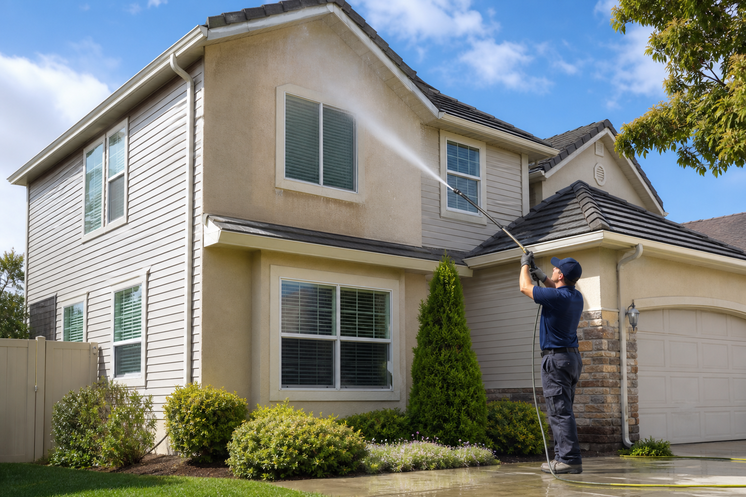 Soft washing a residential home exterior in Midvale, UT to clean siding and stucco safely.