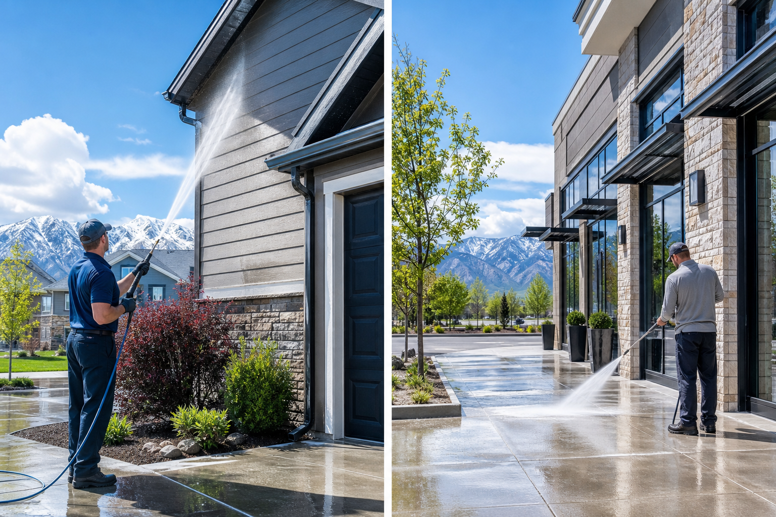 Professional pressure washing for homes and businesses in Midvale, UT with a clean exterior and storefront.