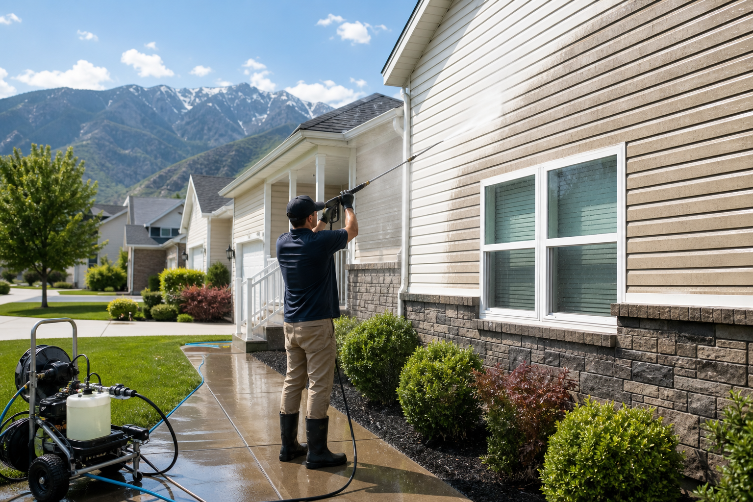 Technician soft washing a Millcreek UT home exterior, driveway, and siding for residential exterior cleaning.