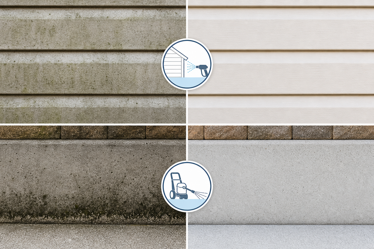 Before-and-after surface-safe cleaning results using soft wash and pressure washing methods.