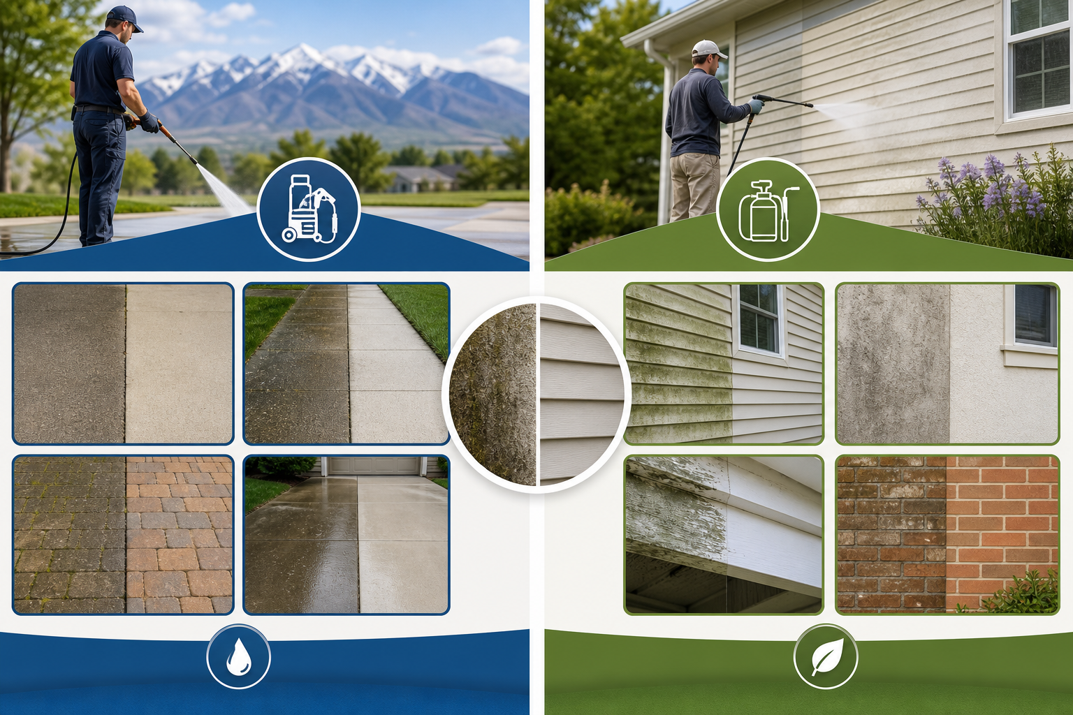 Diagram showing when to use pressure washing versus soft washing for concrete, siding, patios, and other exterior surfaces.