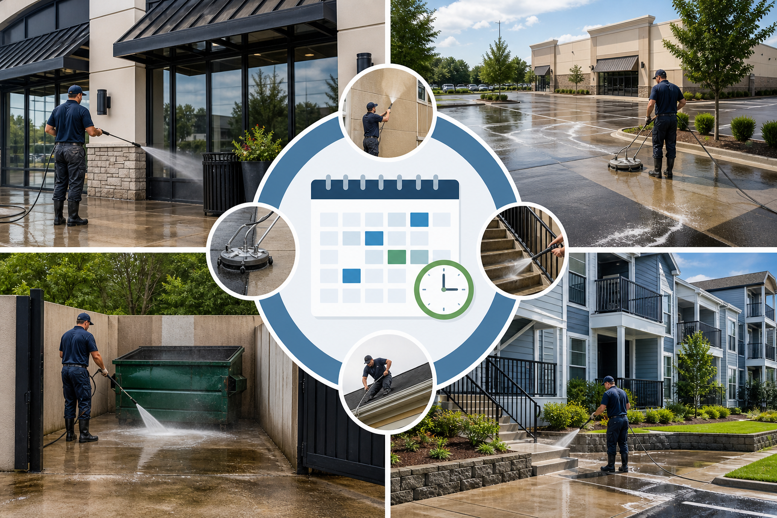 Infographic of commercial pressure washing for storefronts, parking lots, dumpster pads, and recurring maintenance programs.