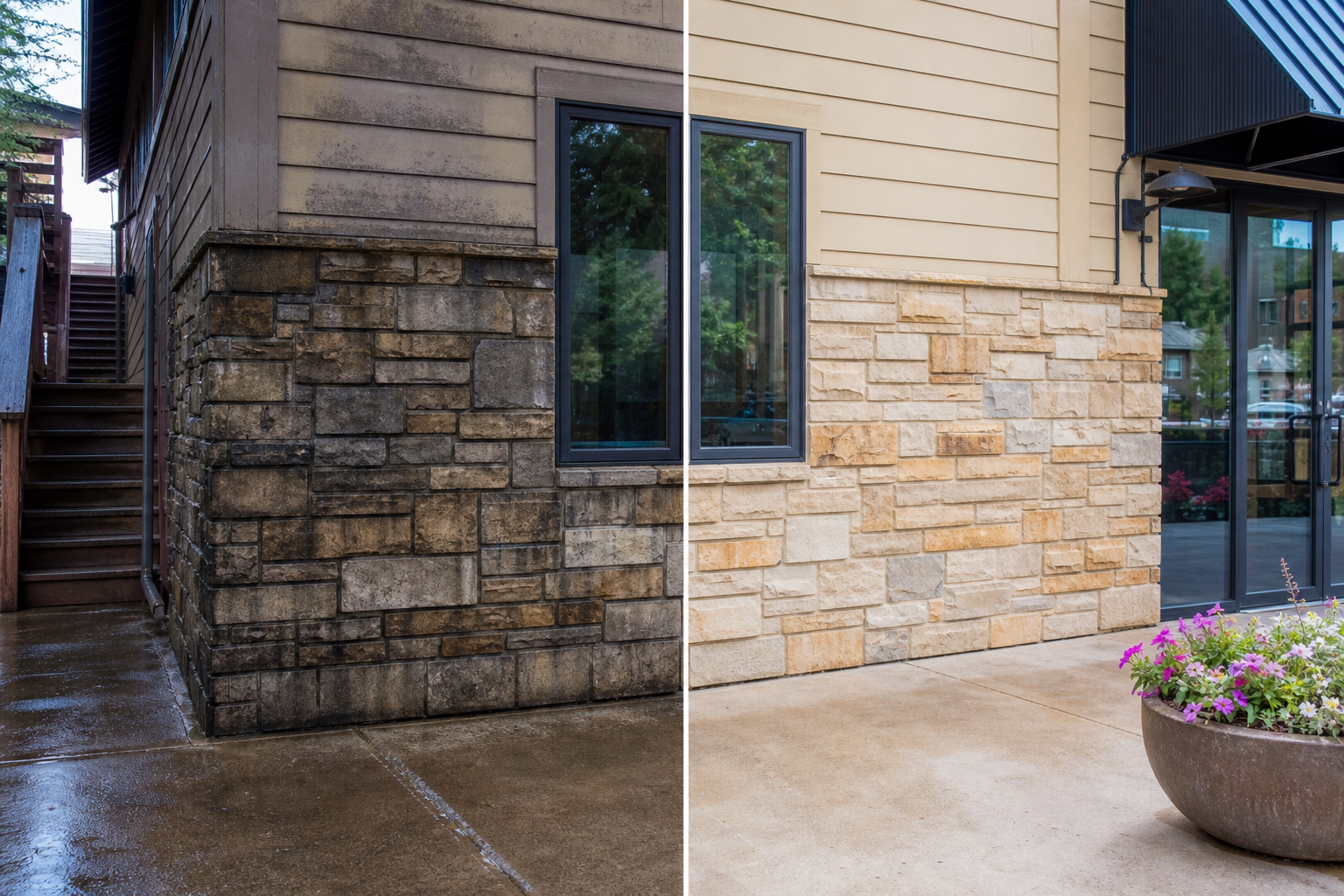 Before and after pressure washing results on a Park City storefront exterior