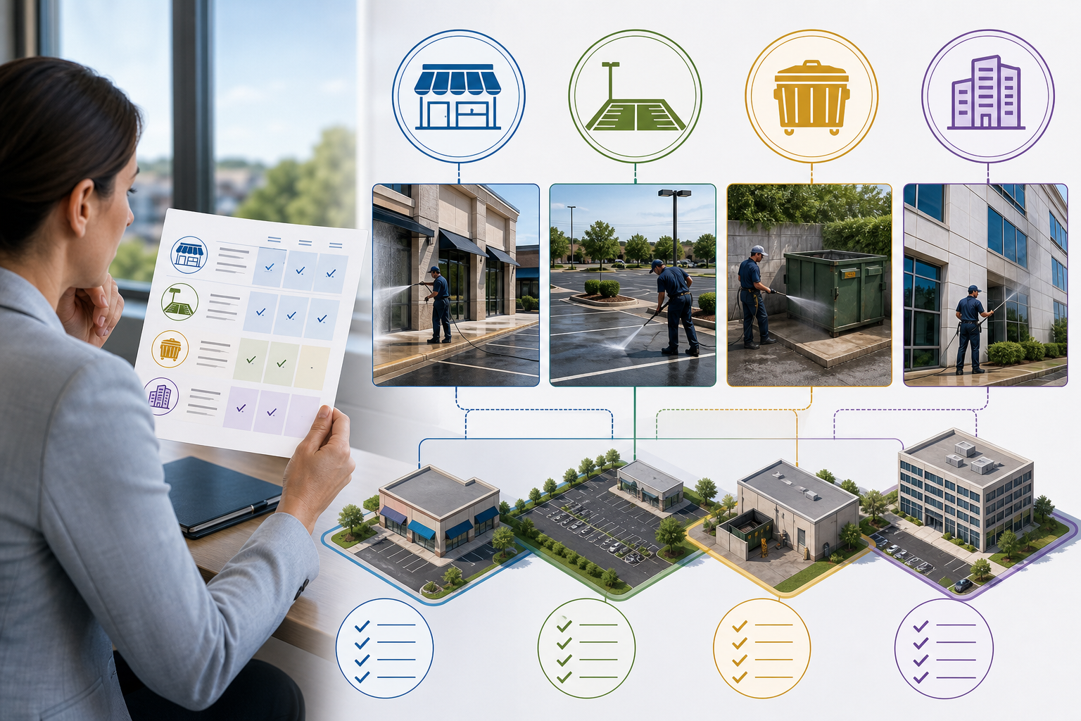Commercial exterior cleaning pricing diagram for property managers and multi-site accounts.