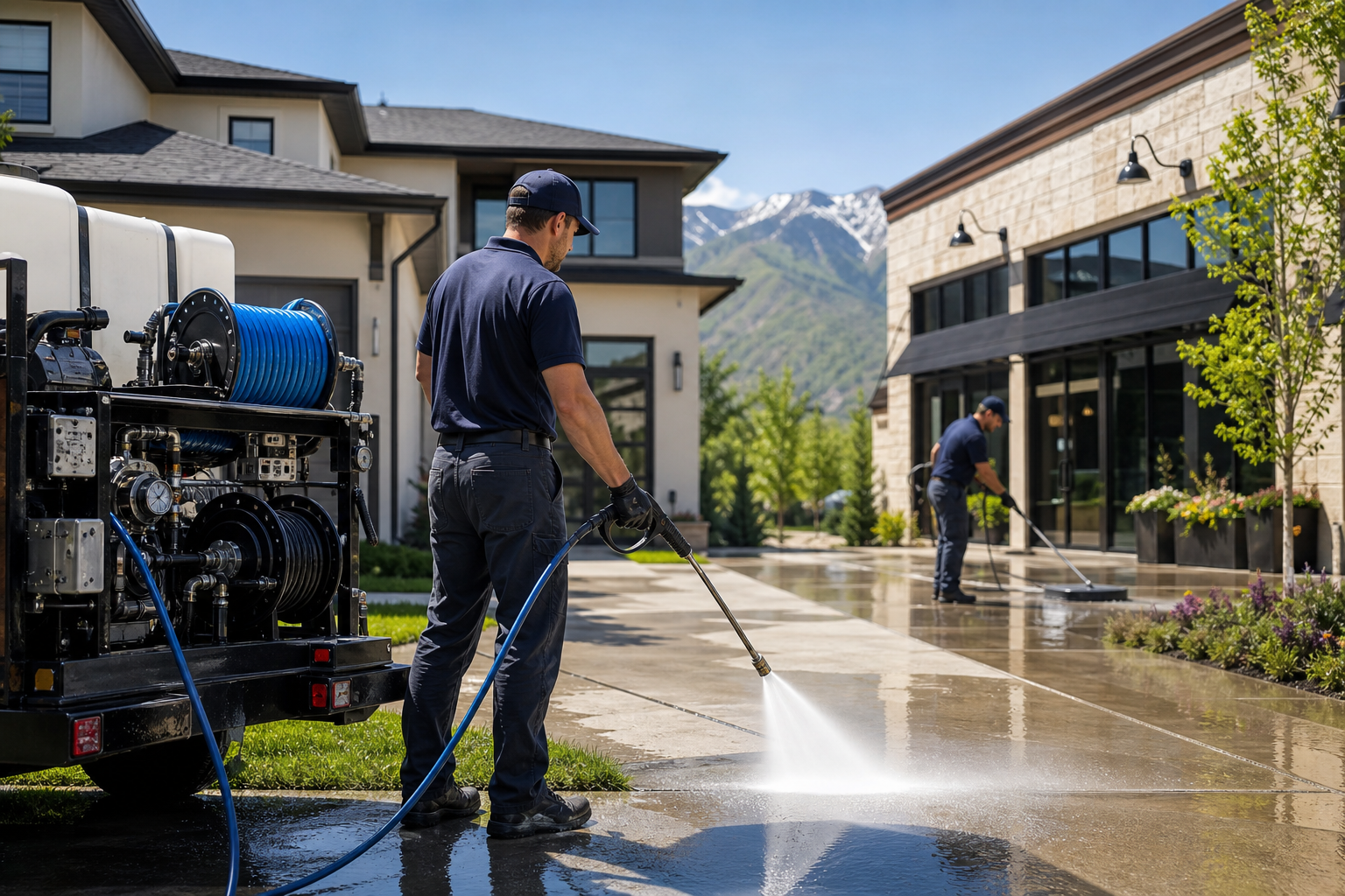 Professional exterior cleaning crew offering a free pressure washing quote in Salt Lake City and Park City.