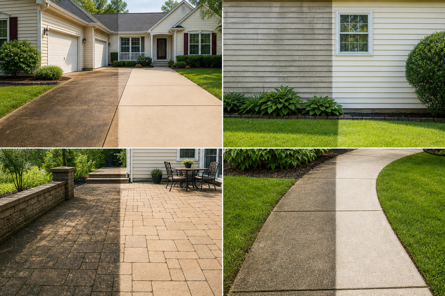 Residential pressure washing estimate scene with a clean driveway, house siding, patio, and sidewalk.