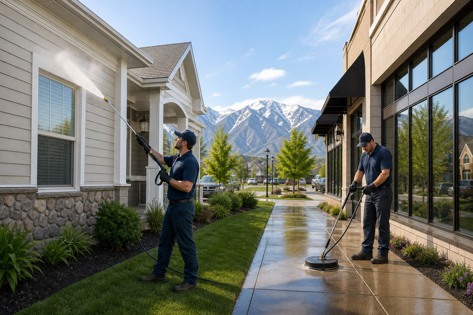 Salt Lake City pressure washing service for homes and businesses with a professional exterior cleaning technician.