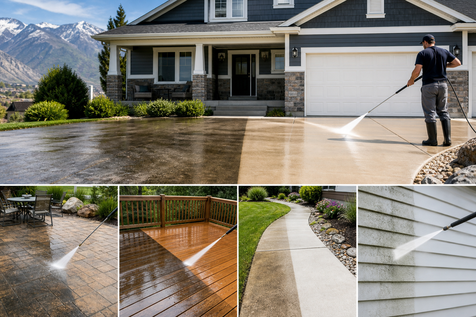 Residential pressure washing services for home exterior, driveway, patio, deck, and sidewalks.