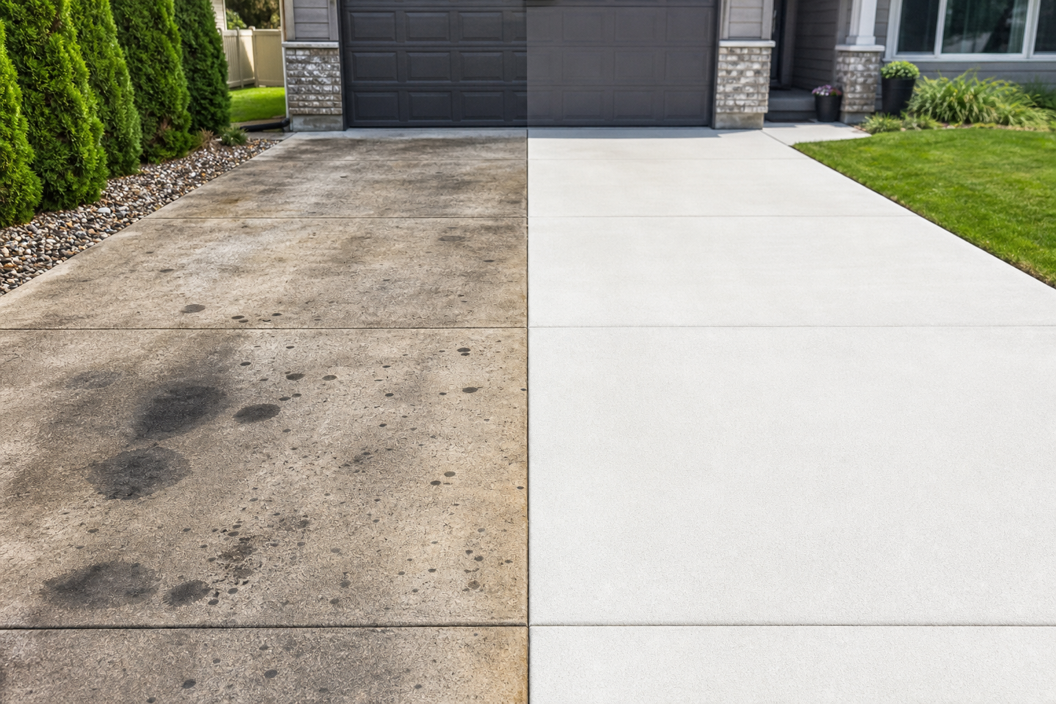 Before and after driveway cleaning showing concrete stains removed by pressure washing
