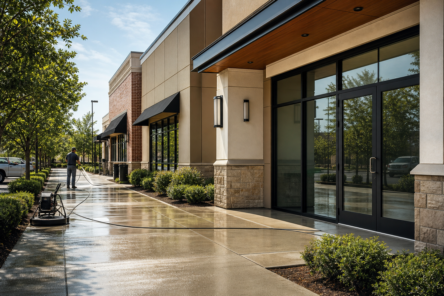 Commercial power washing services for a storefront, building entrance, and walkway maintained for property managers and HOAs.
