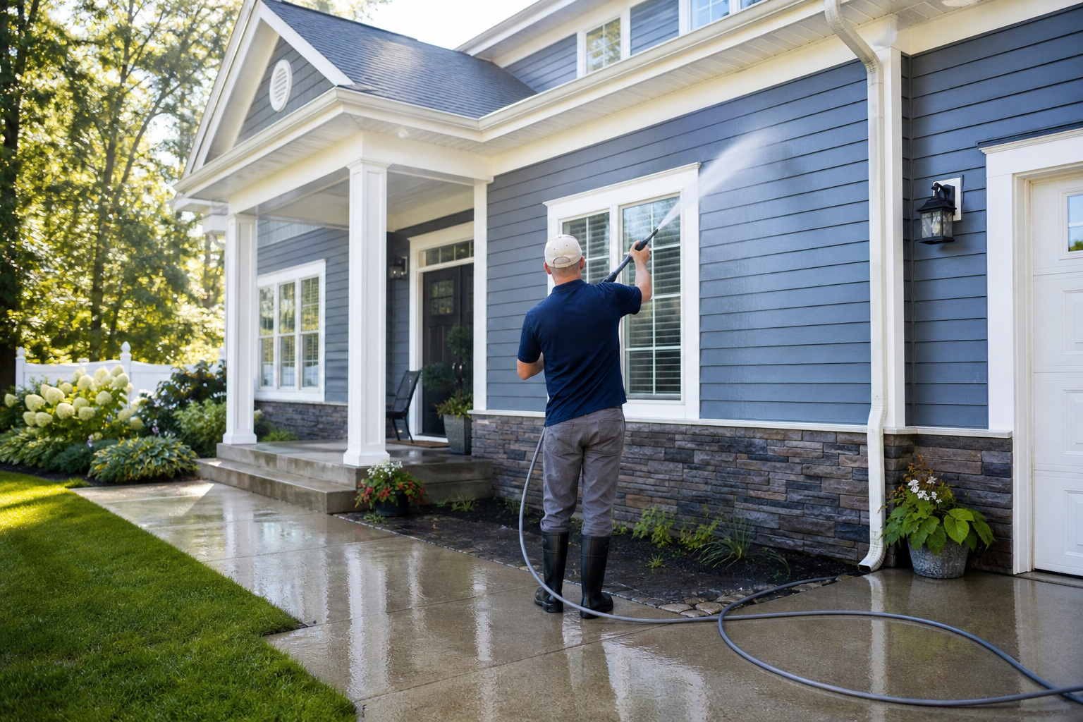 Residential power washing service cleaning a home's siding, driveway, patio, and sidewalk for better curb appeal.