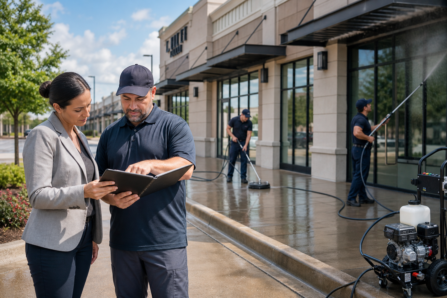 Property manager reviewing a recurring exterior cleaning program for a commercial property.