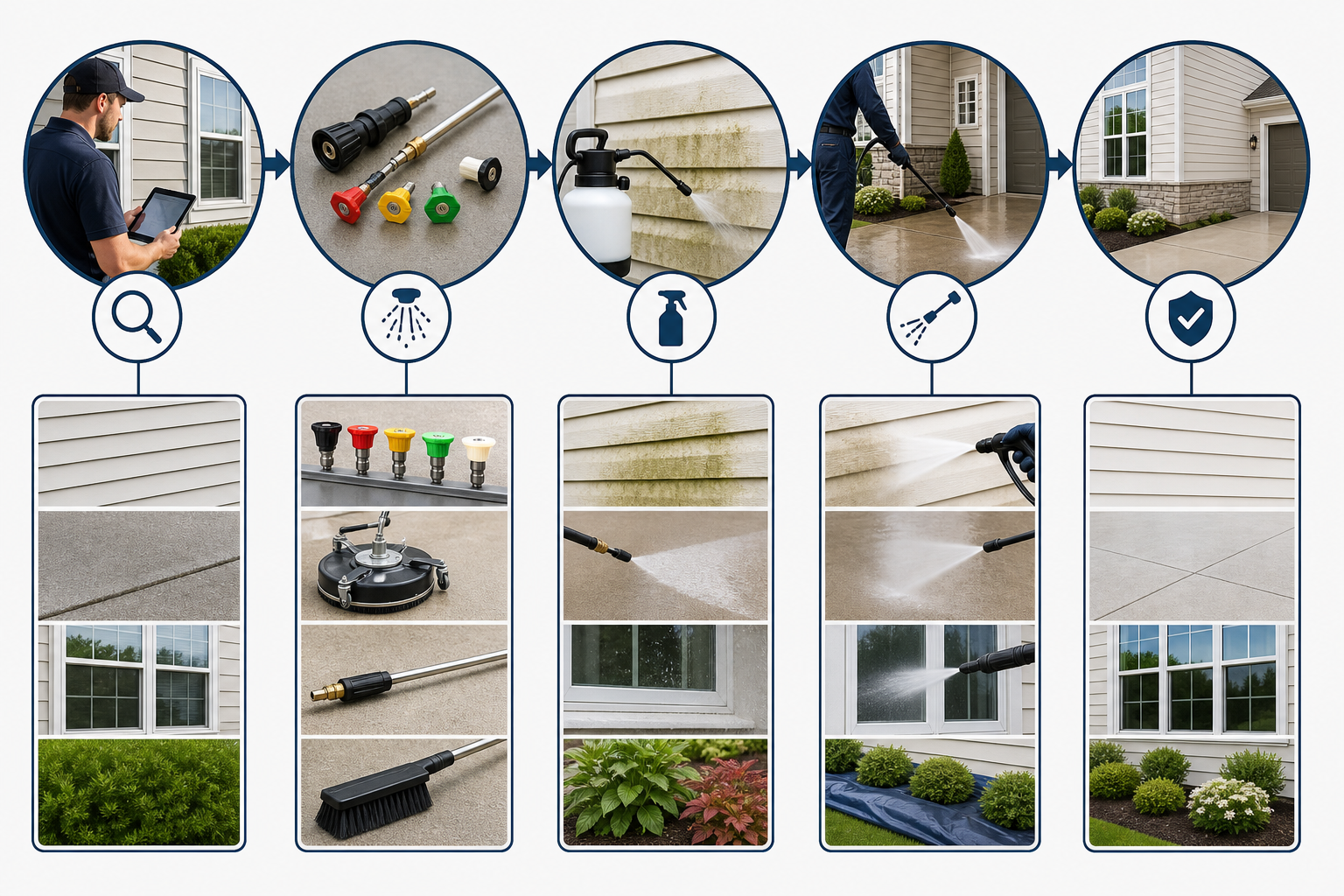 Diagram of a professional pressure washing company workflow from assessment to final inspection.