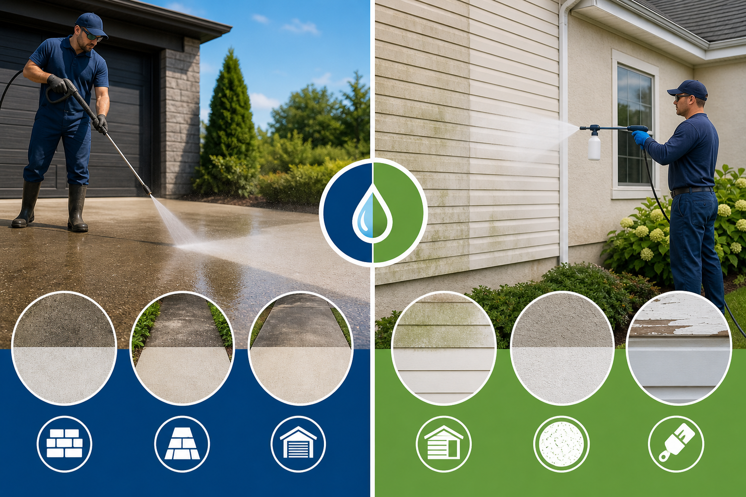 Side-by-side diagram comparing pressure washing and soft washing for different exterior surfaces.
