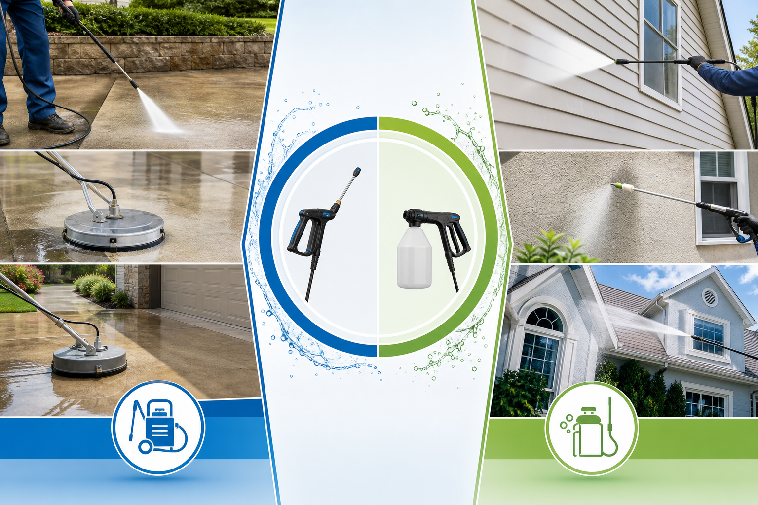 Infographic showing professional pressure washing methods matched to concrete, sidewalks, driveways, siding, and building exteriors.