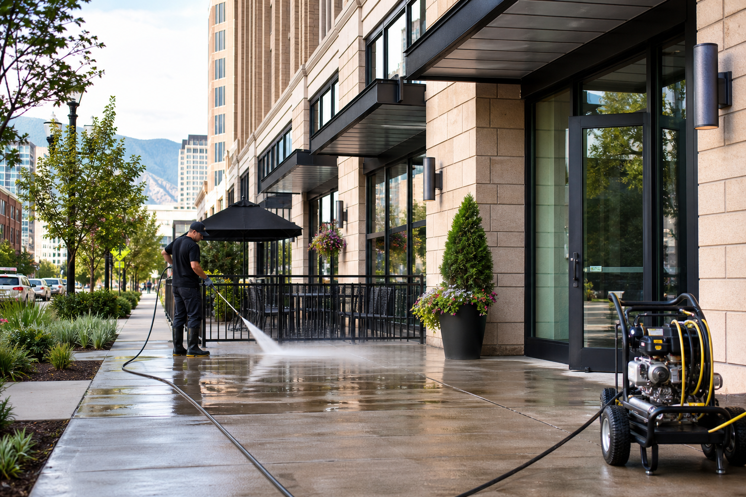 Clean storefront and sidewalk after commercial exterior cleaning in Salt Lake City.