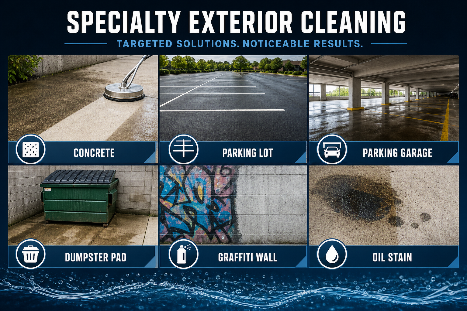 Infographic of specialty pressure washing services for concrete, parking lots, garages, graffiti, and stains.