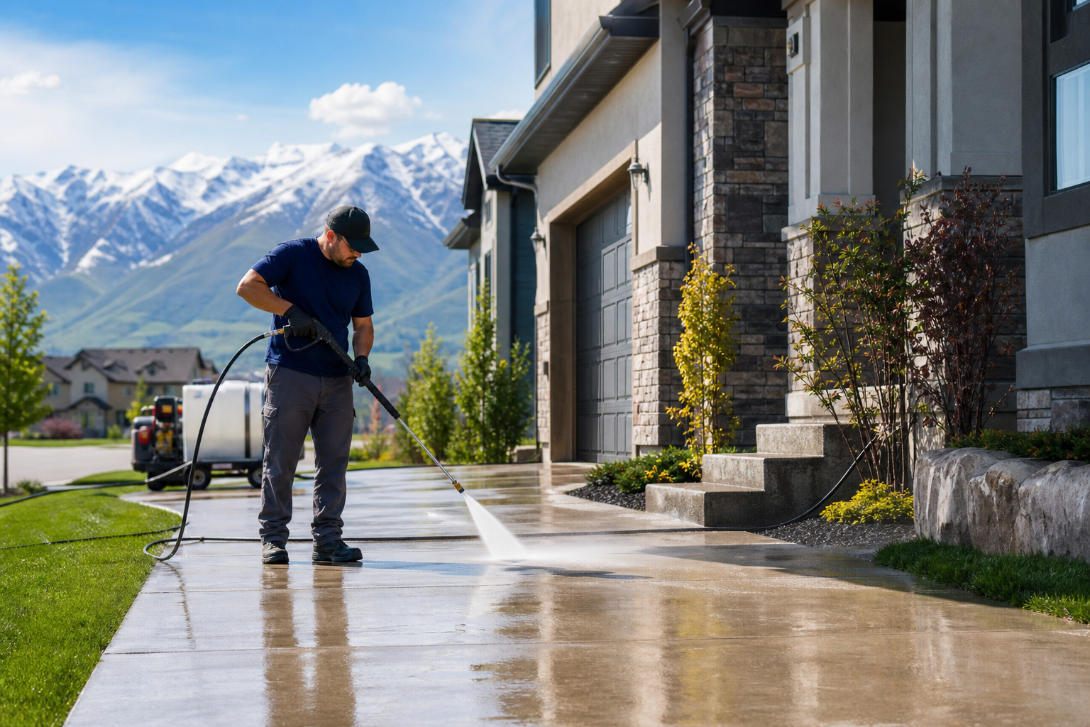 Professional pressure washing technician cleaning a Salt Lake City driveway and walkway with commercial-grade equipment.