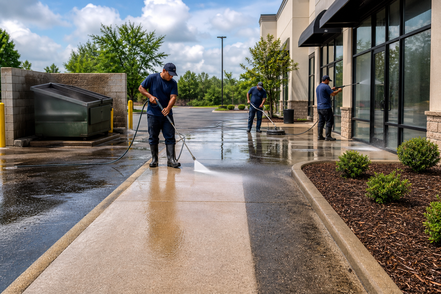 Professional exterior cleaning crew servicing concrete, sidewalks, storefronts, and dumpster pads at a commercial property.
