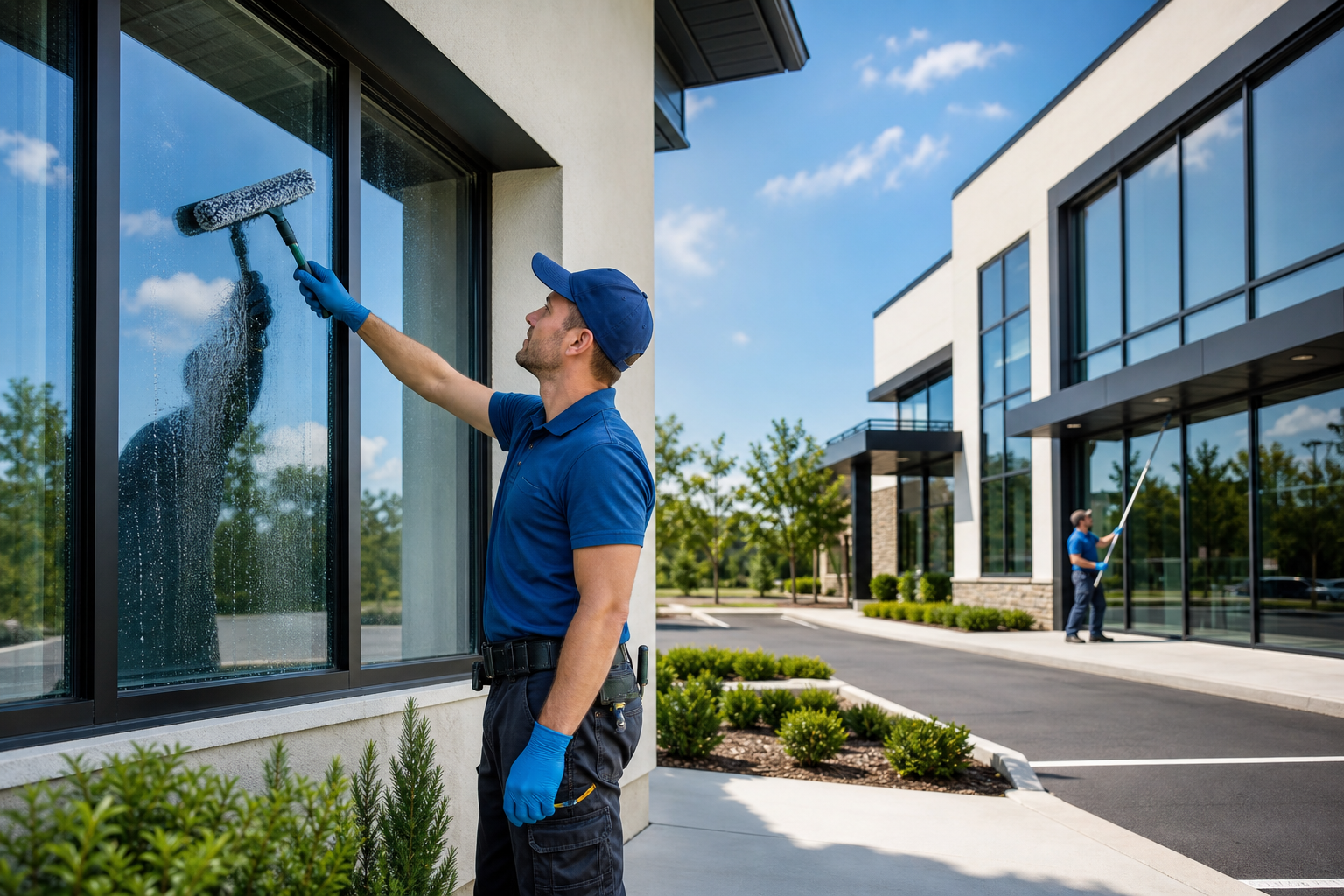 Professional window cleaning technician delivering streak-free results for a home and business exterior