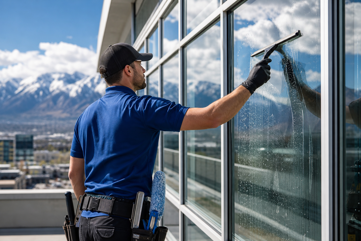 Professional window cleaner delivering streak-free glass cleaning on a Utah building exterior.
