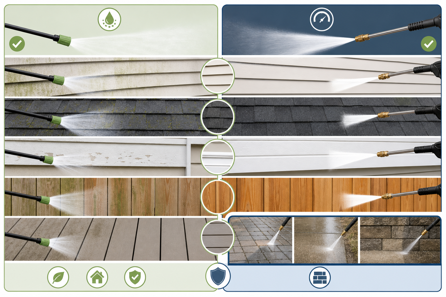 Diagram showing when to use soft washing versus pressure washing for siding, roofs, painted trim, cedar, and composite surfaces.