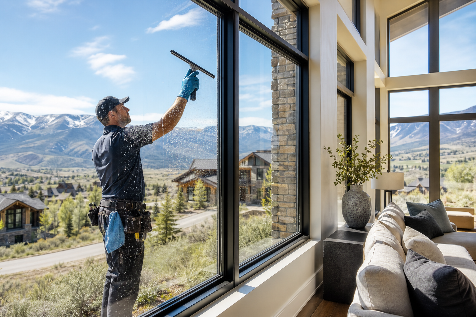 Promontory residential window cleaning service with streak-free interior and exterior glass on a modern home.