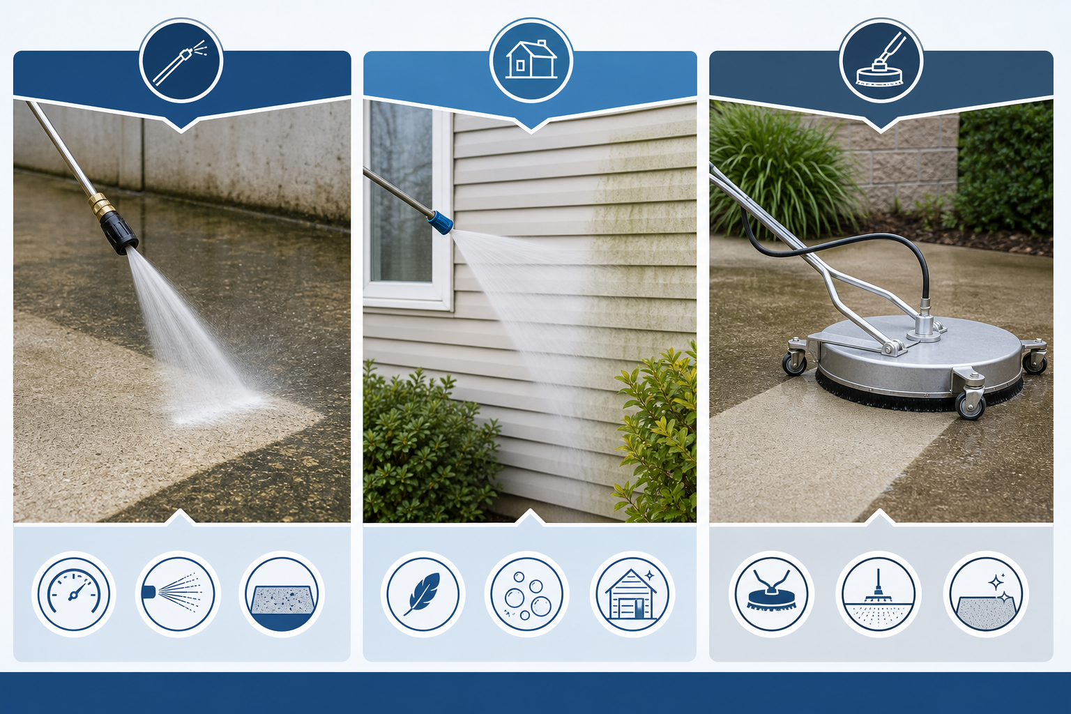 Diagram comparing pressure washing, soft washing, and surface cleaning for commercial property maintenance cleaning.