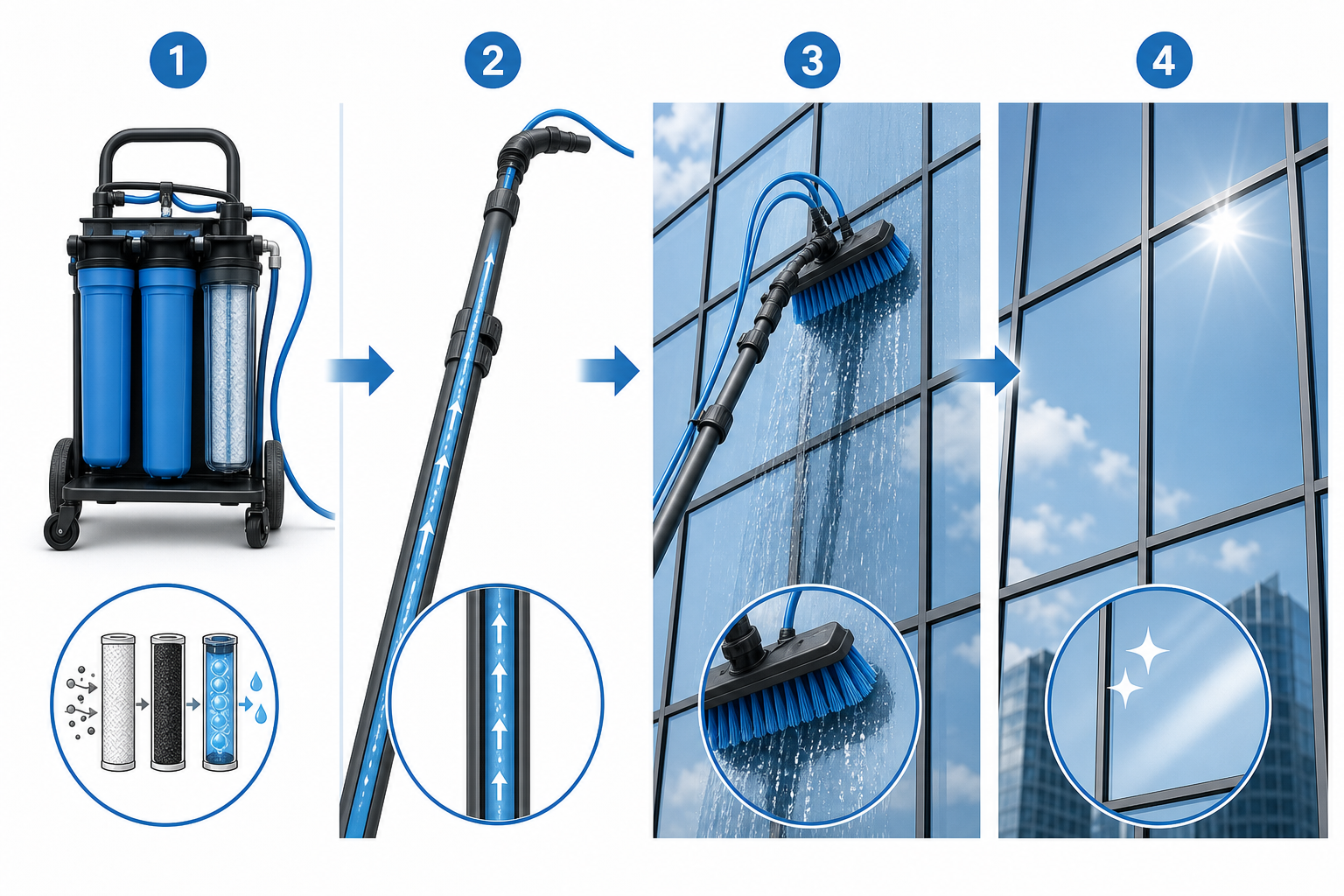 Diagram showing how a water-fed pole pure water window cleaning system filters, brushes, and rinses commercial glass.