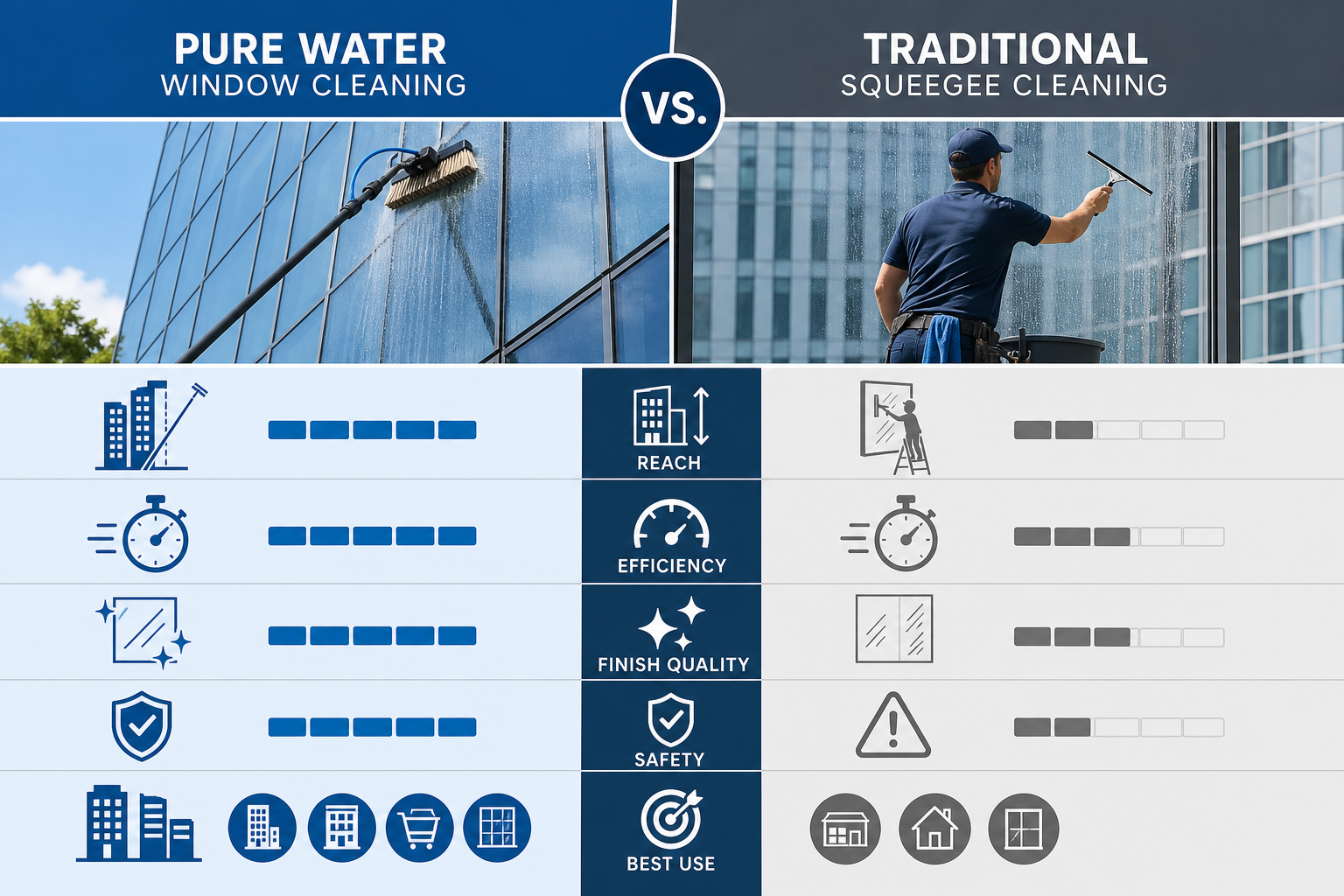 Side-by-side infographic comparing pure water window cleaning and traditional window cleaning for commercial buildings.