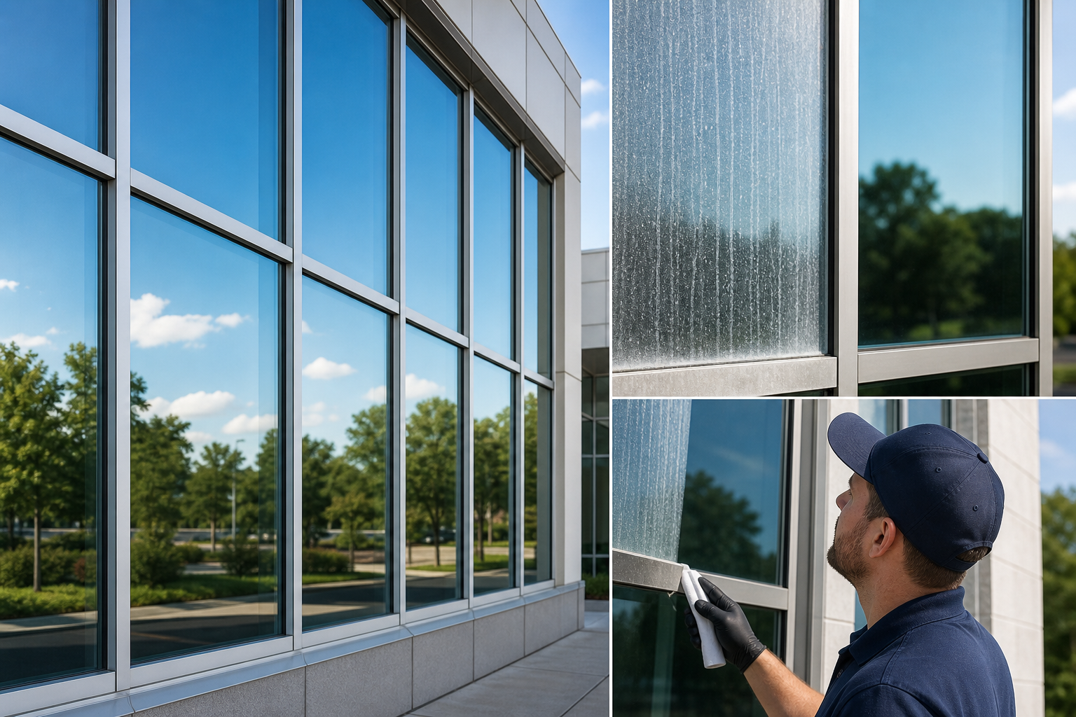 Before and after style image showing spot-free commercial windows and inspection of hard water staining on exterior glass.