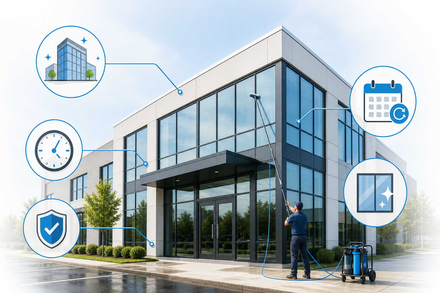 Infographic highlighting commercial benefits of pure water window cleaning such as curb appeal, safer access, and recurring maintenance.