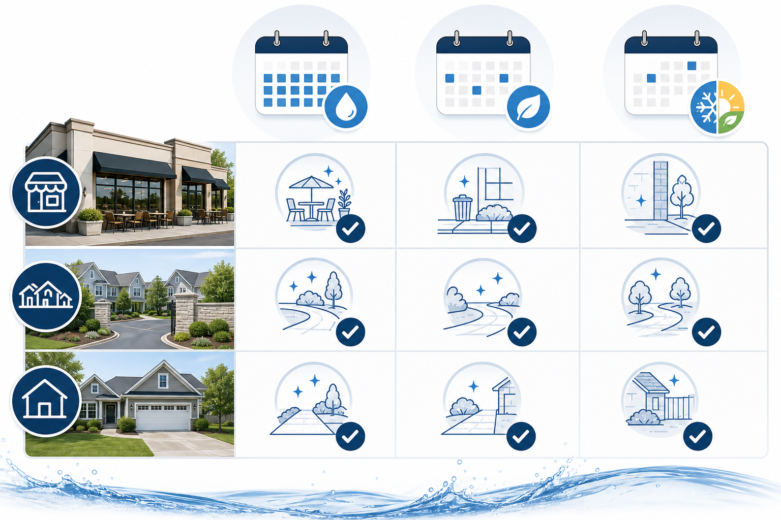 Infographic comparing monthly, quarterly, and seasonal exterior cleaning schedules for homes and commercial properties.