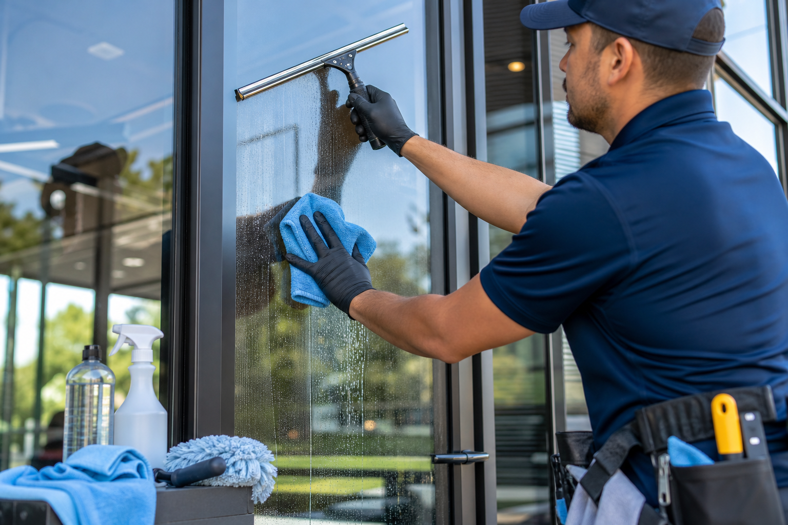 Technician performing commercial window maintenance on storefront glass with tools for streak-free interior and exterior cleaning.